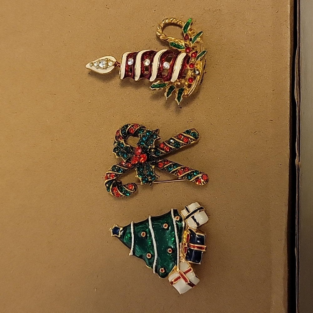 Three Vintage Rhinestone Christmas Brooches- Tree, Candy Cane, Candle